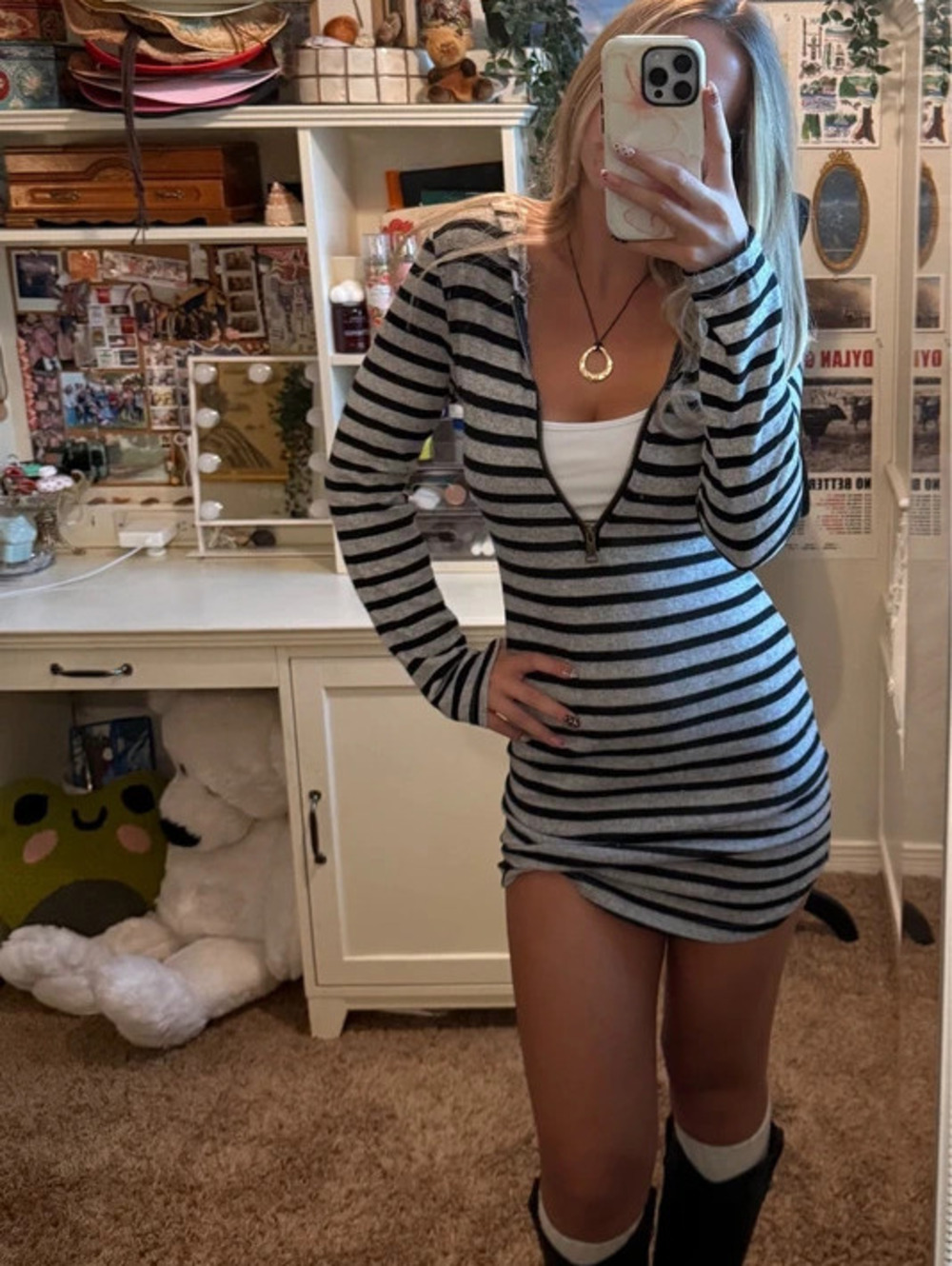 J for Justify Gray Black Striped Hooded Half Zip Mini Dress Size M Y2K